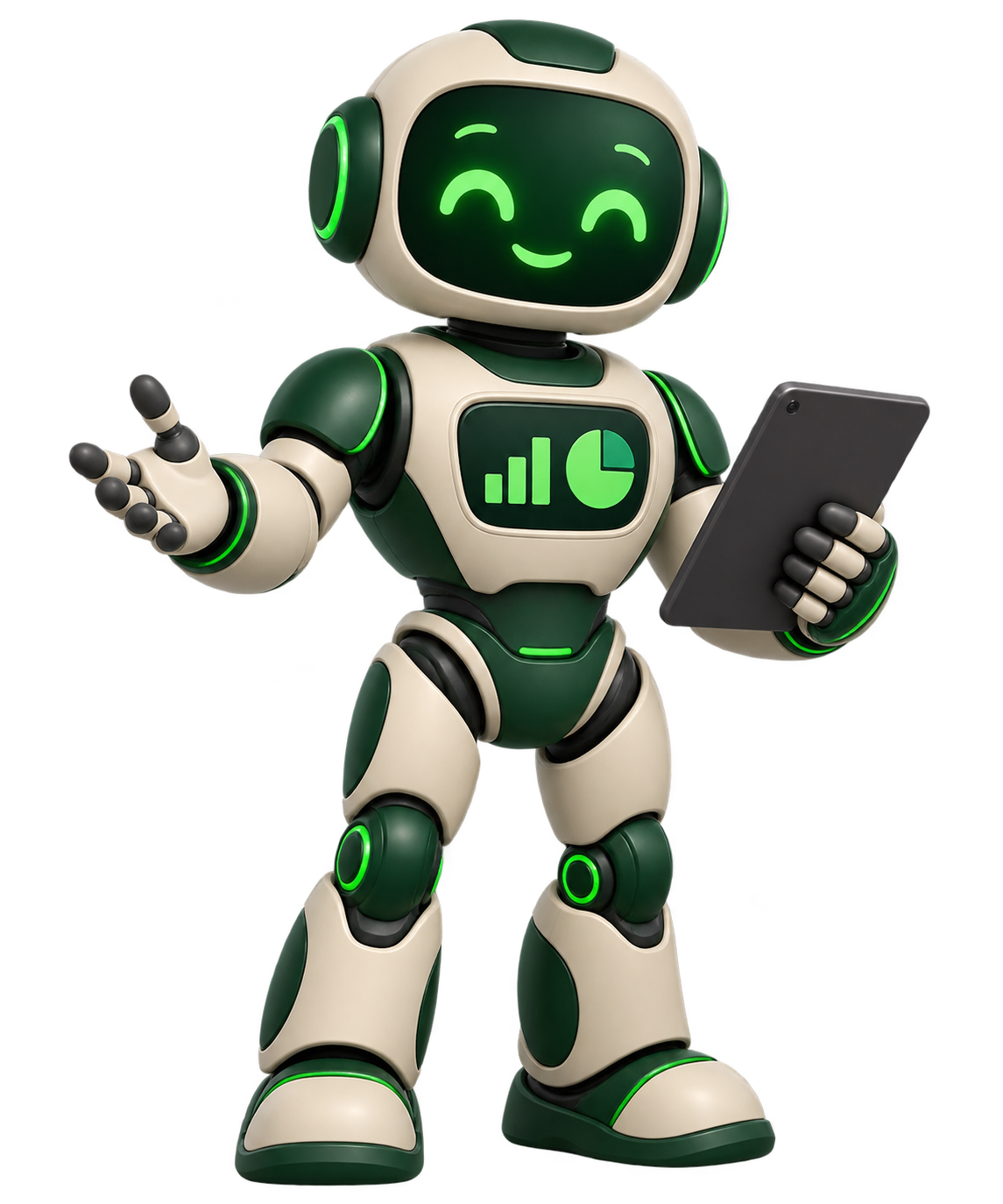 Robô mascote do Controle Vendas segurando um tablet